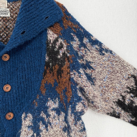 MISSONI UOMO Vintage 80s Cardigan Sweater Coat Mens Large Brown Blue Funnel Neck - Picture 14 of 16